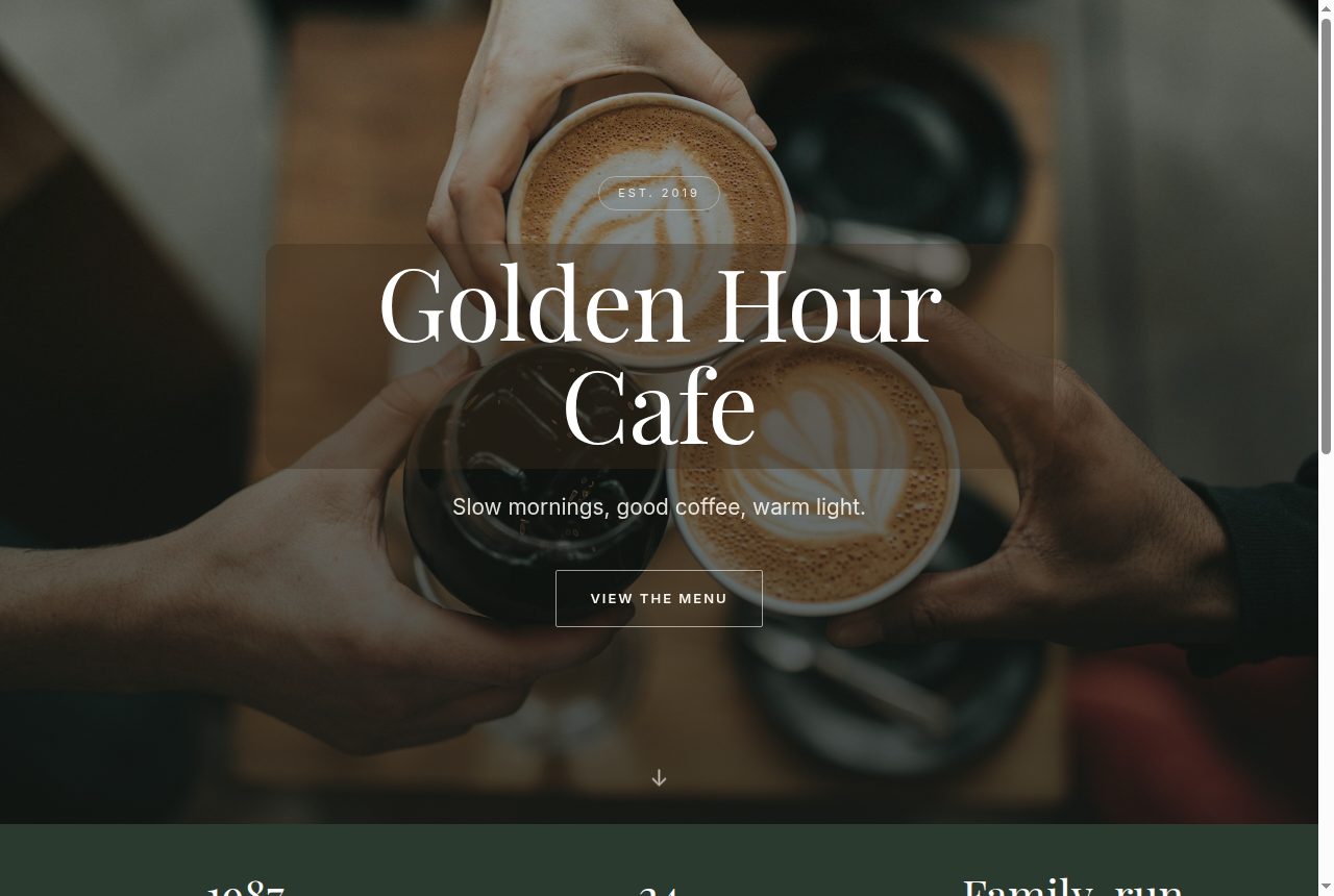 Golden Hour Cafe — the same template with a different photo and colors